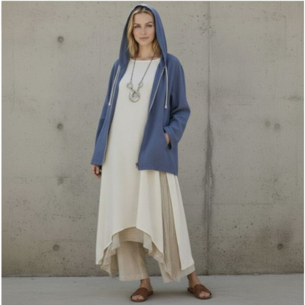 FLAX Lithuanian Linen Hoodie Jacket Wmn M Periwinkle Full Zip Lagenlook BOHO NWT